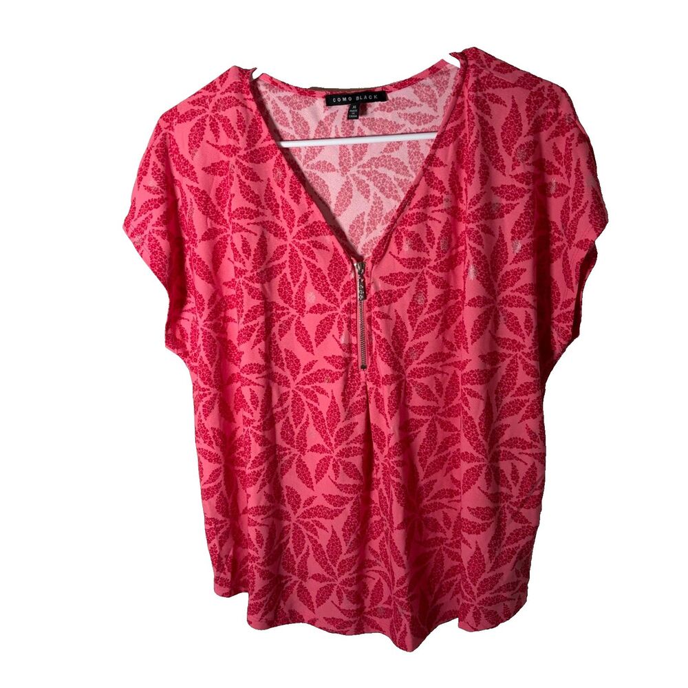 Como Black Blouse Women's XL Pink Metallic Printed V-Neck Zipper Short Sleeve